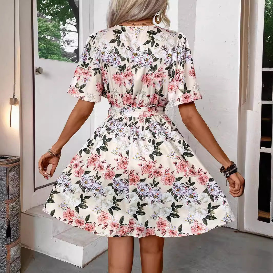 Elegant Floral Printed V neck Ruffle Sleeve With Belt Loose Hem Women Clothing