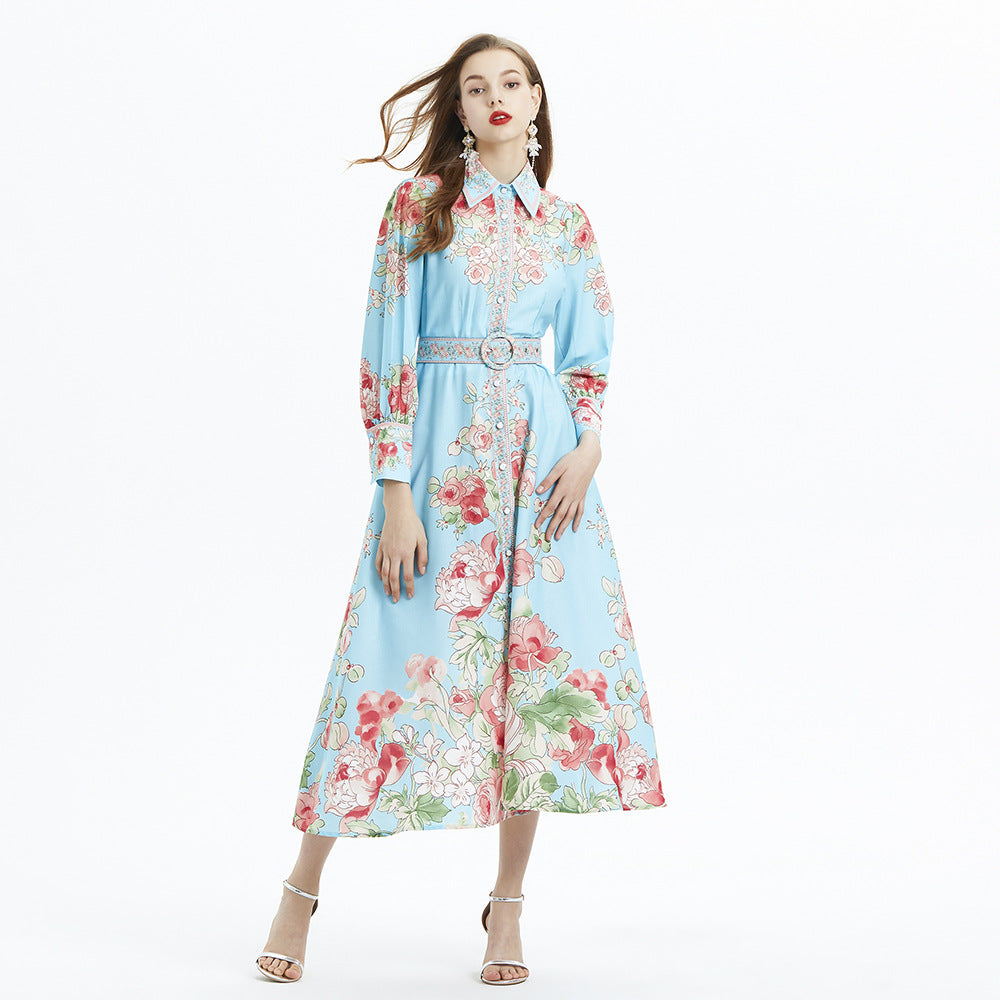 Vacation Style Blouse Collar Floral Print Waist Single Breasted Ruffled Long Dress