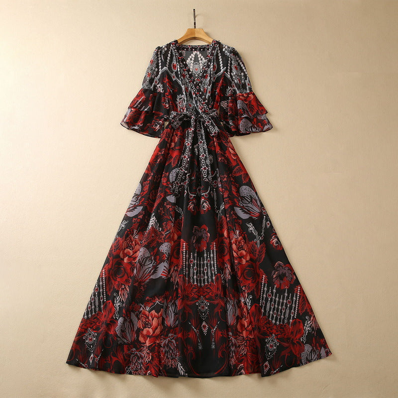 V-neck Flared Sleeves Lacing Chiffon Printing Dress