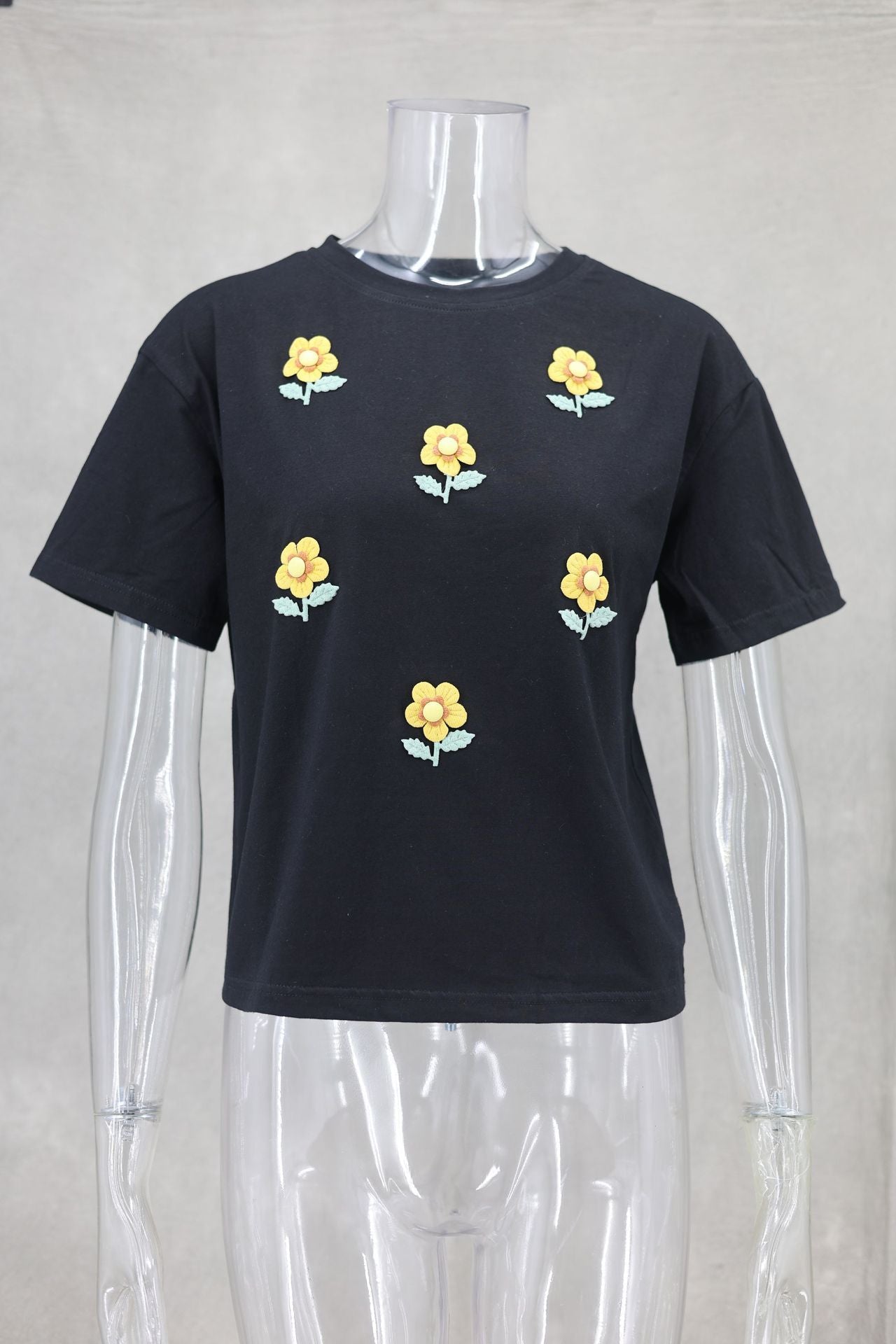 T-shirt à col rond à fleurs tridimensionnelles pour femmes, haut ample à la largeur des épaules pour le printemps et l'été