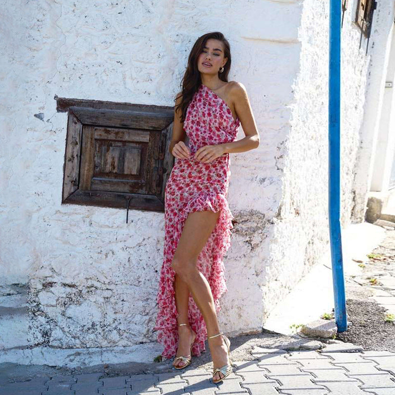 Ropa de verano para mujer, vestido francés pequeño con hombros oblicuos y flores, vestido atado con abertura lateral Sexy