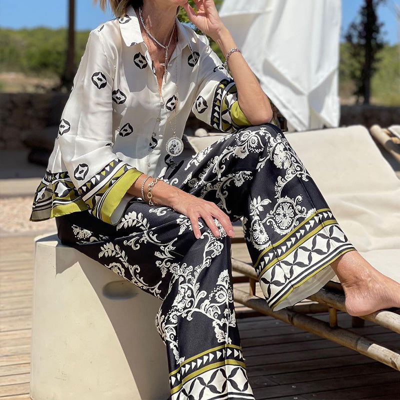 Conjunto de dos piezas de camisa y pantalón holgados con estampado informal para vacaciones para mujer