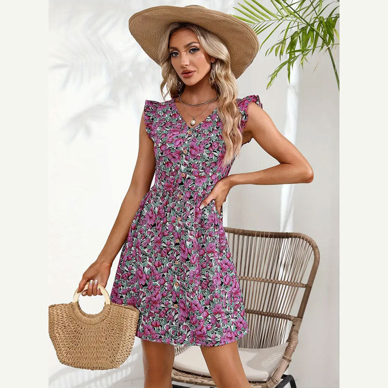 Summer Holiday Woven Flounced Sleeve Floral Tight Waist Short Dress Button Sleeveless V neck Dress