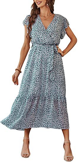 Robe à fleurs pour femmes, col en V, manches courtes