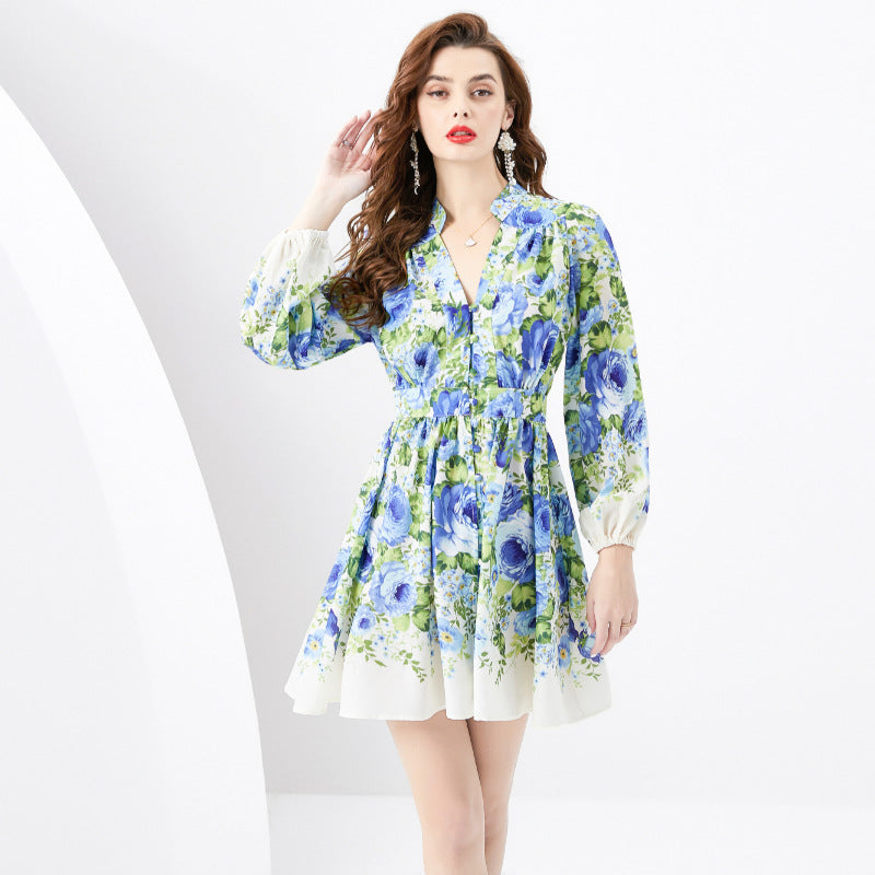 Vacation Style V-neck Lantern Sleeve Wavy Waist Mini Retro Printed Short Dress