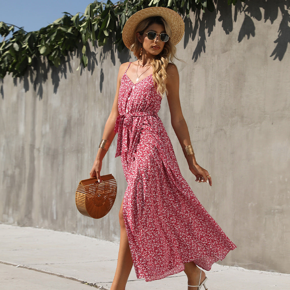 Robe d'été à imprimé Floral, col en V, bretelles avec ceinture, grande robe trapèze pour femmes