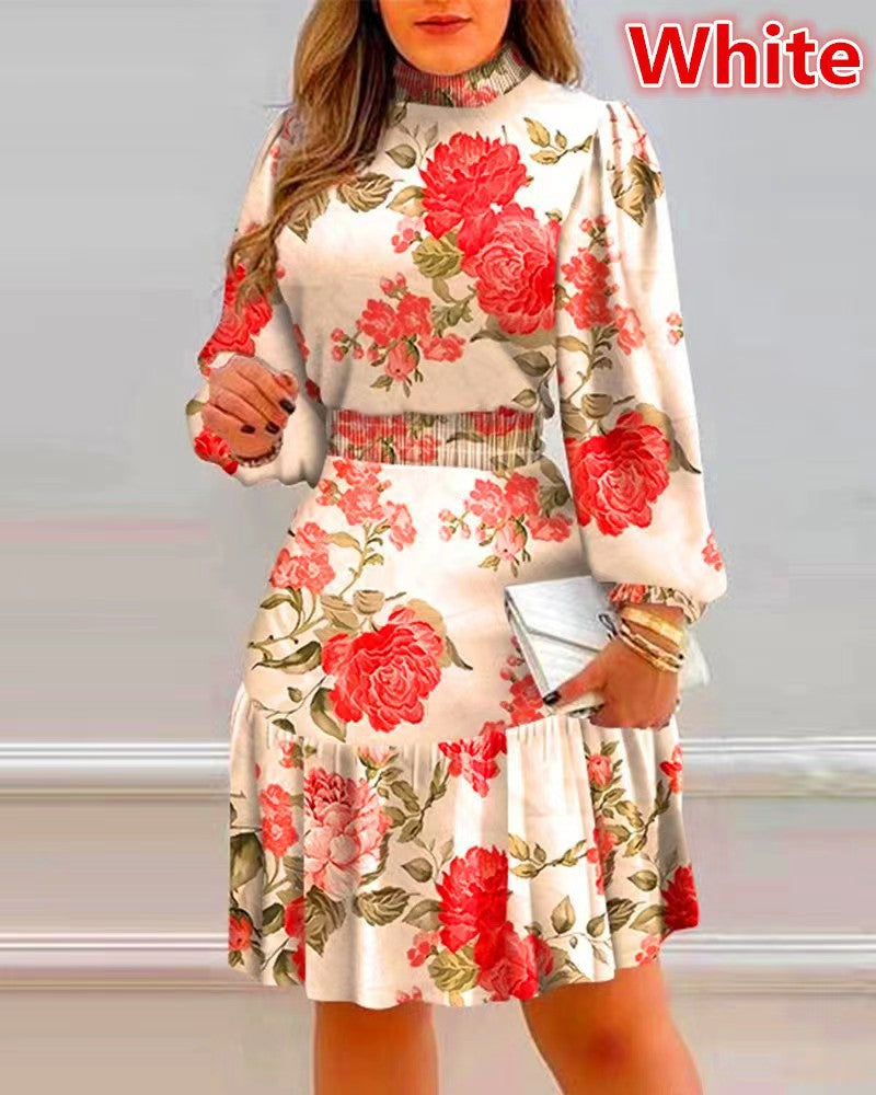 Robe à imprimé floral et col pileux pour femmes, mode tempérament