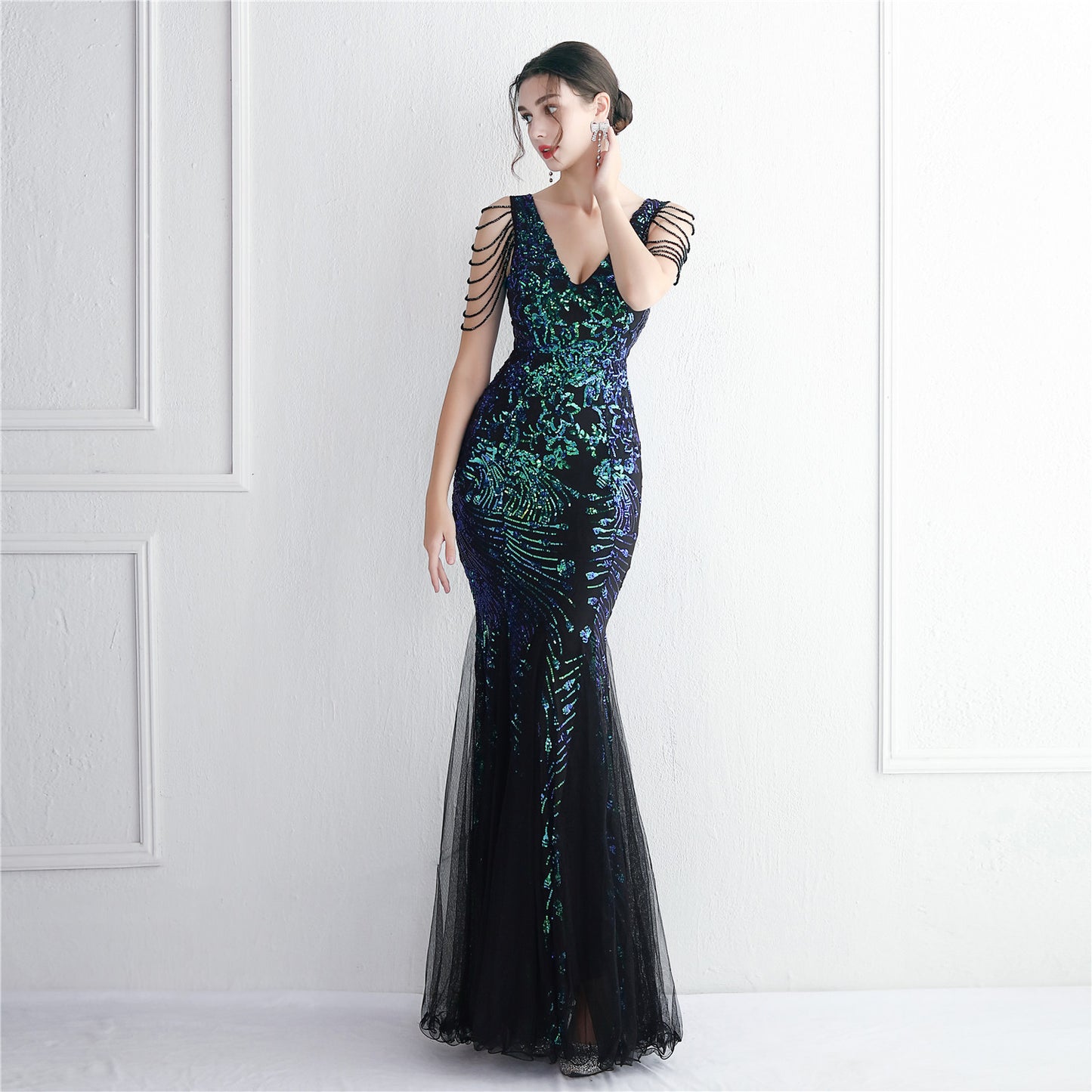 Paillettes maille artisanat perlé élégant réunion annuelle longue queue de poisson Sequ robe sexy