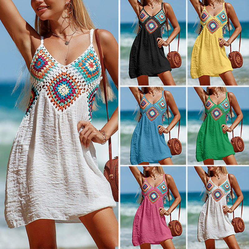 Hand Crocheting Stitching Color Pattern V neck Pullover Hollow Out Cutout Breathable Beach Beach Cover Up Dress