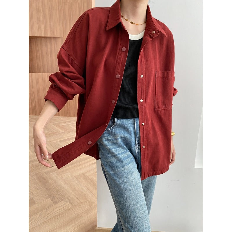 Ankela Red Washed Cotton Profile Loose Casual Office Shacket