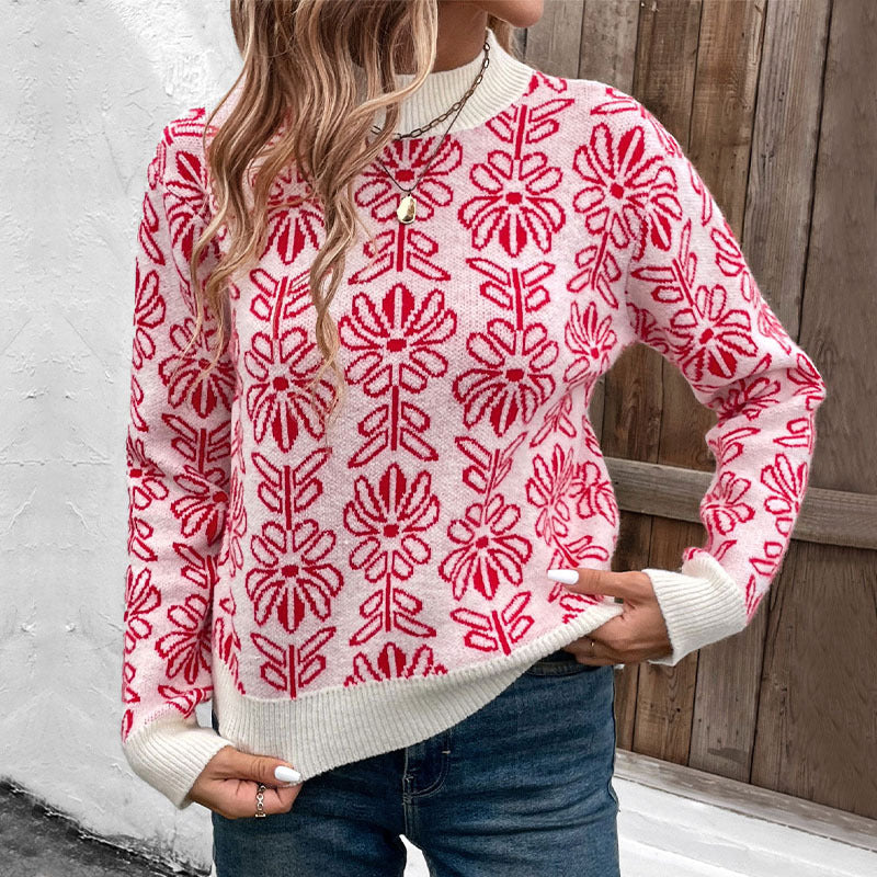 Pull col roulé demi-pull automne hiver jacquard floral rose pull femme