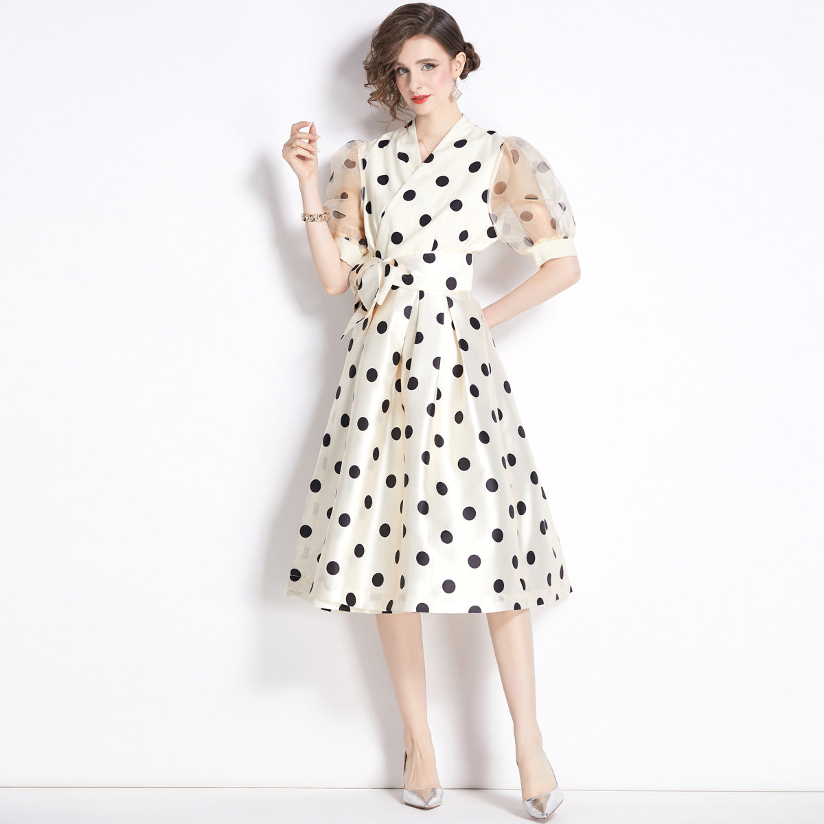 French Fitted Waist Polka Dots Dress 1-sense Long Skirt