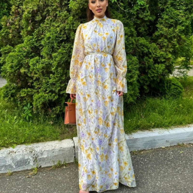 Vestido largo elegante de gasa con estampado francés y cordones en la cintura para mujer