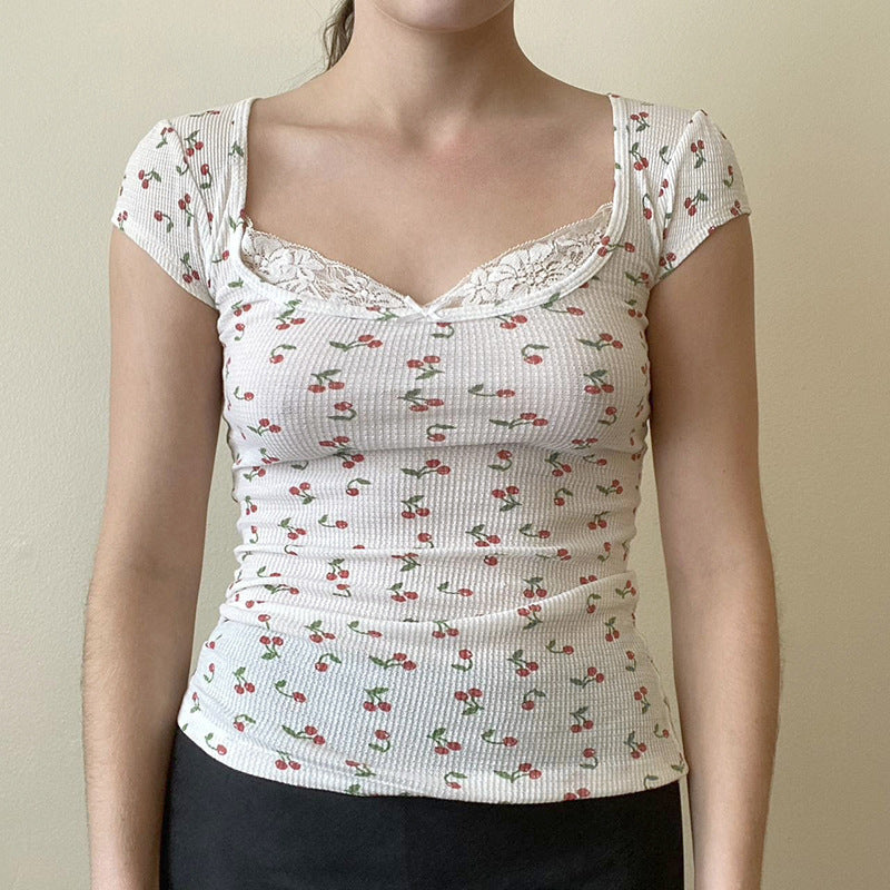 T-shirt d'été à col carré avec coutures en dentelle florale de cerisier pastorale mignonne pour fille, haut à manches courtes coupe ajustée