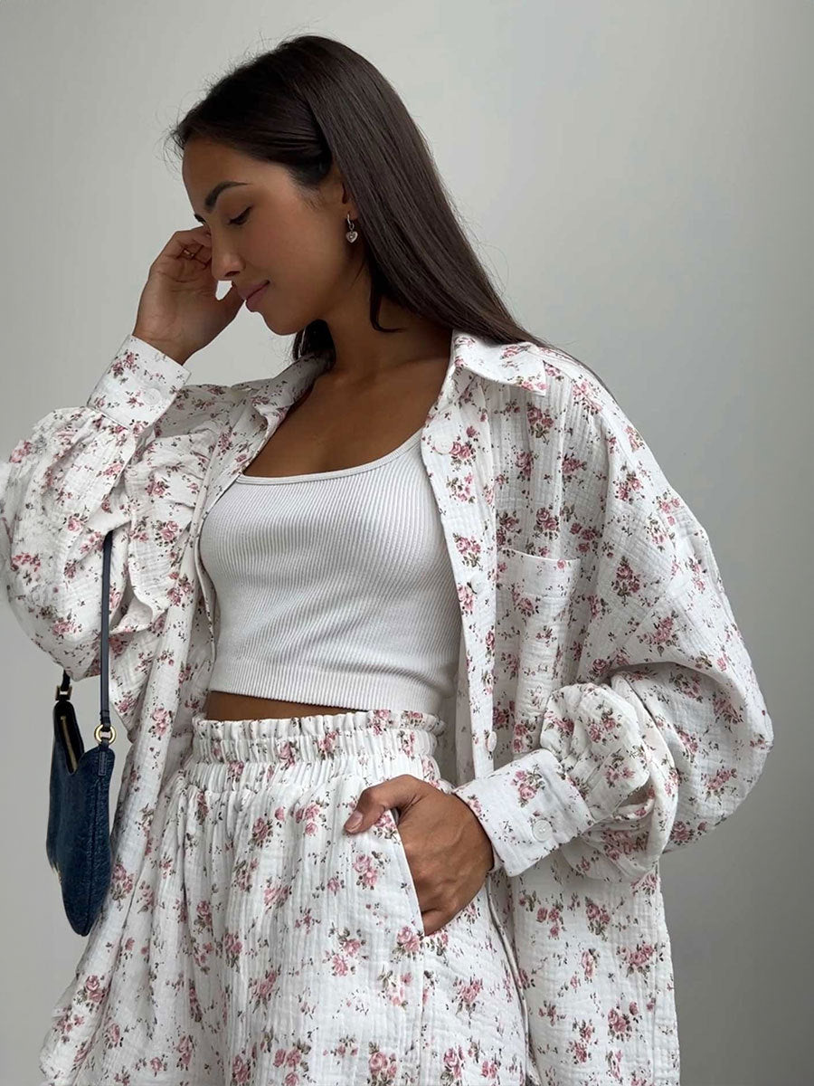 Conjunto de pantalones cortos con estampado de fresa y amor, diseño con volantes de verano, estampado de hilo de algodón