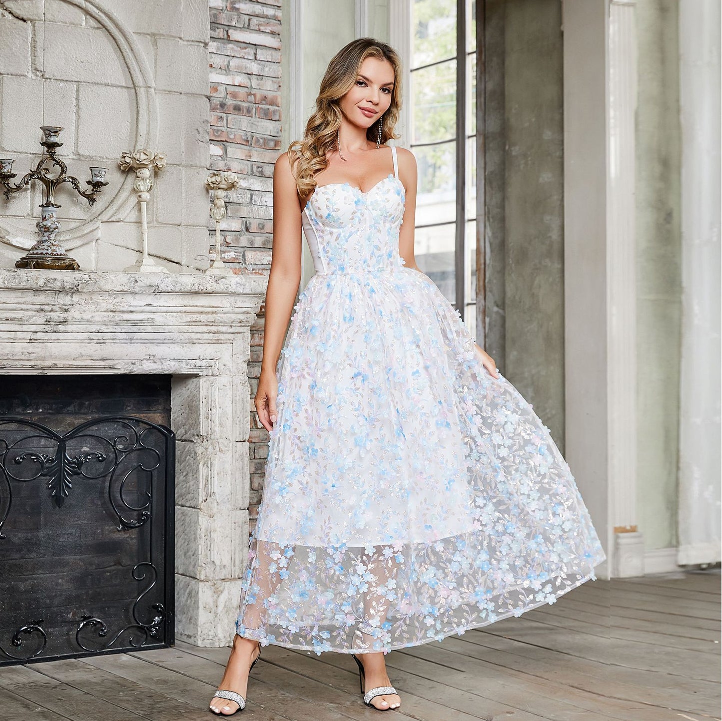 Robe de fée florale tridimensionnelle, Corset désossage d'été, sangle à la taille, robe Maxi douce et fraîche