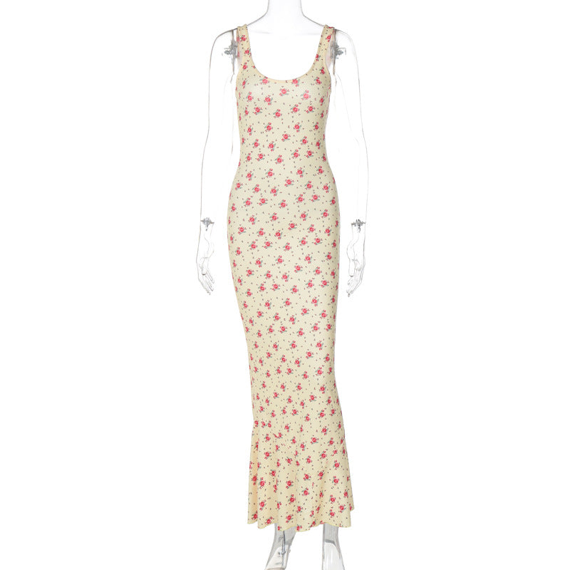 Robe longue à fleurs françaises, queue de poisson, imprimée, à la mode, à bretelles, été