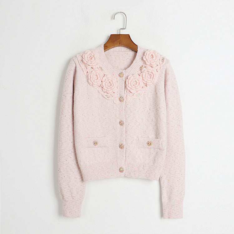 Hand Crochet Three Dimensional Floral Round Neck Cardigan Early Spring Gentle Single Breasted Sweater