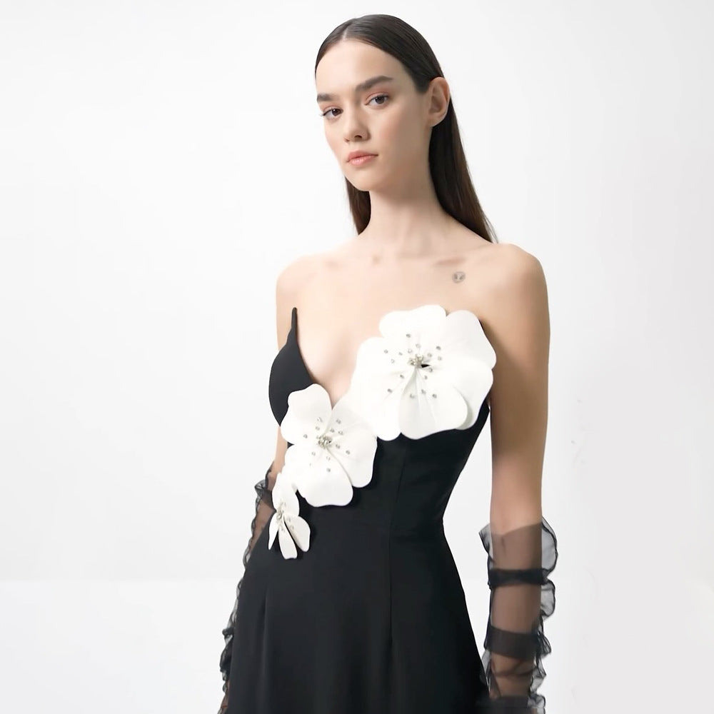 Robe bustier tubulaire noire à fleurs, noyau de diamant fendue, épaules dénudées, vêtements pour femmes, printemps été