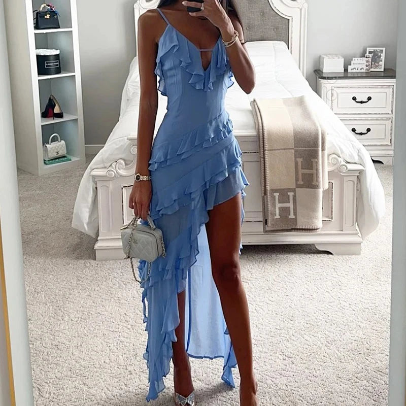 Holiday Maxi Midi Ruffles Beach Dress 2024 New Fashion Solid Color A-line Midi Dress Summer Sexy Strap Irregular Dress