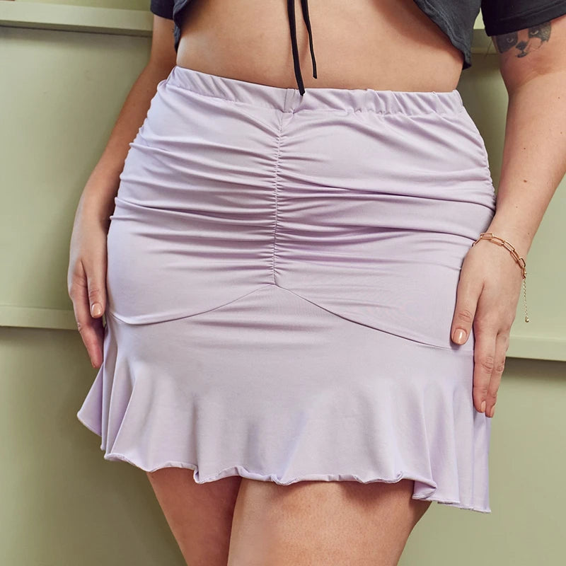 Plus Size Elastic Waist Sexy Summer Ruched Mini Skirt Women Ruffle Hem Purple Club Bodycon Skirt Female Large Size 6XL 7XL 8XL