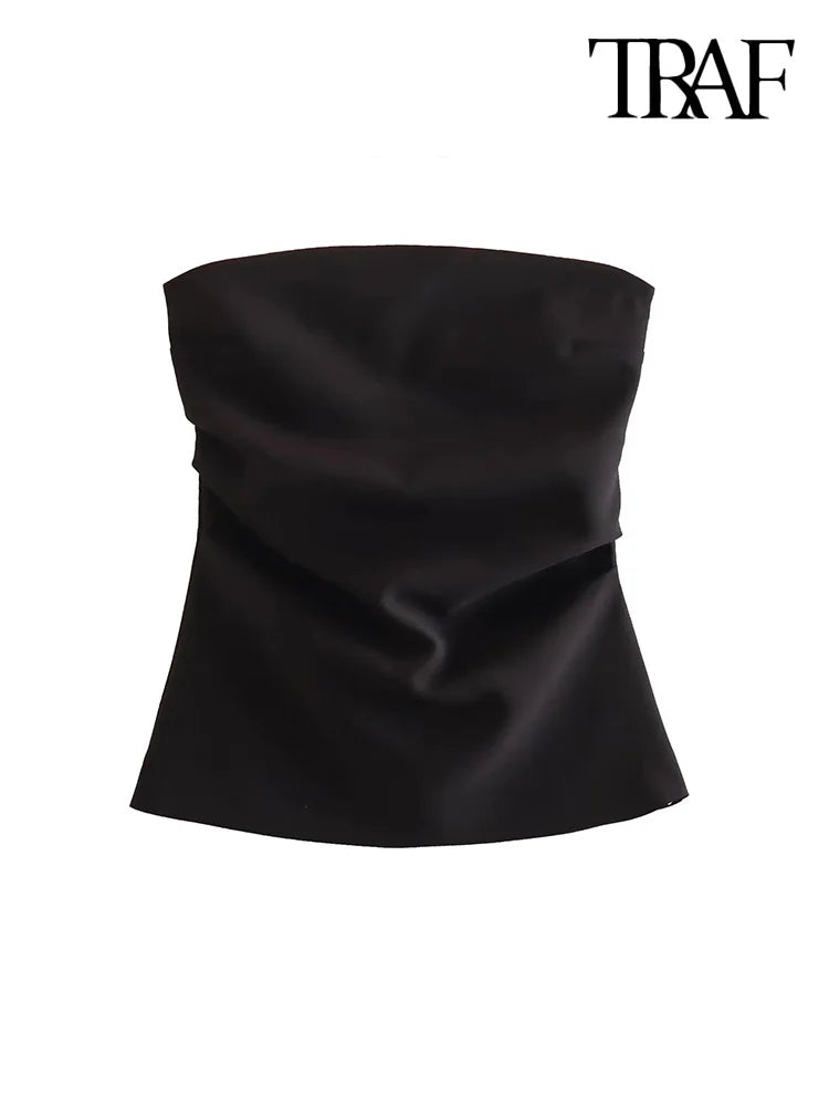 TRAF-Strapless Draped Bustier Tops for Women, Straight Neck, Back Zipper, Female Camis, Fashion