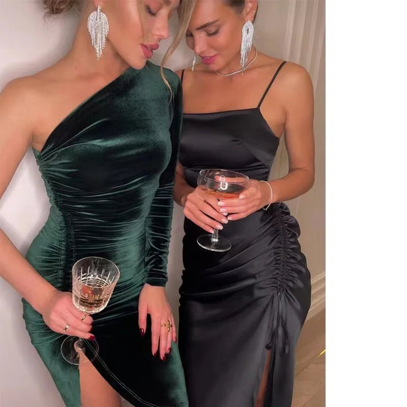 2023 nuevo vestido Midi liso de manga larga con un hombro y abertura acanalada de terciopelo, vestido Sexy para fiesta y Club, vestidos ceñidos elegantes para mujer, bata larga