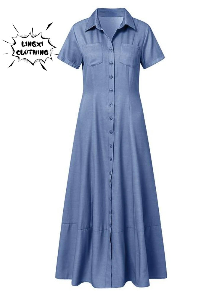 2023 Fashion New Long Dress Shirt Neck Pocket Large Swing Dress Casual Elegant Temperament Single Breasted Denim Dress Plus Size