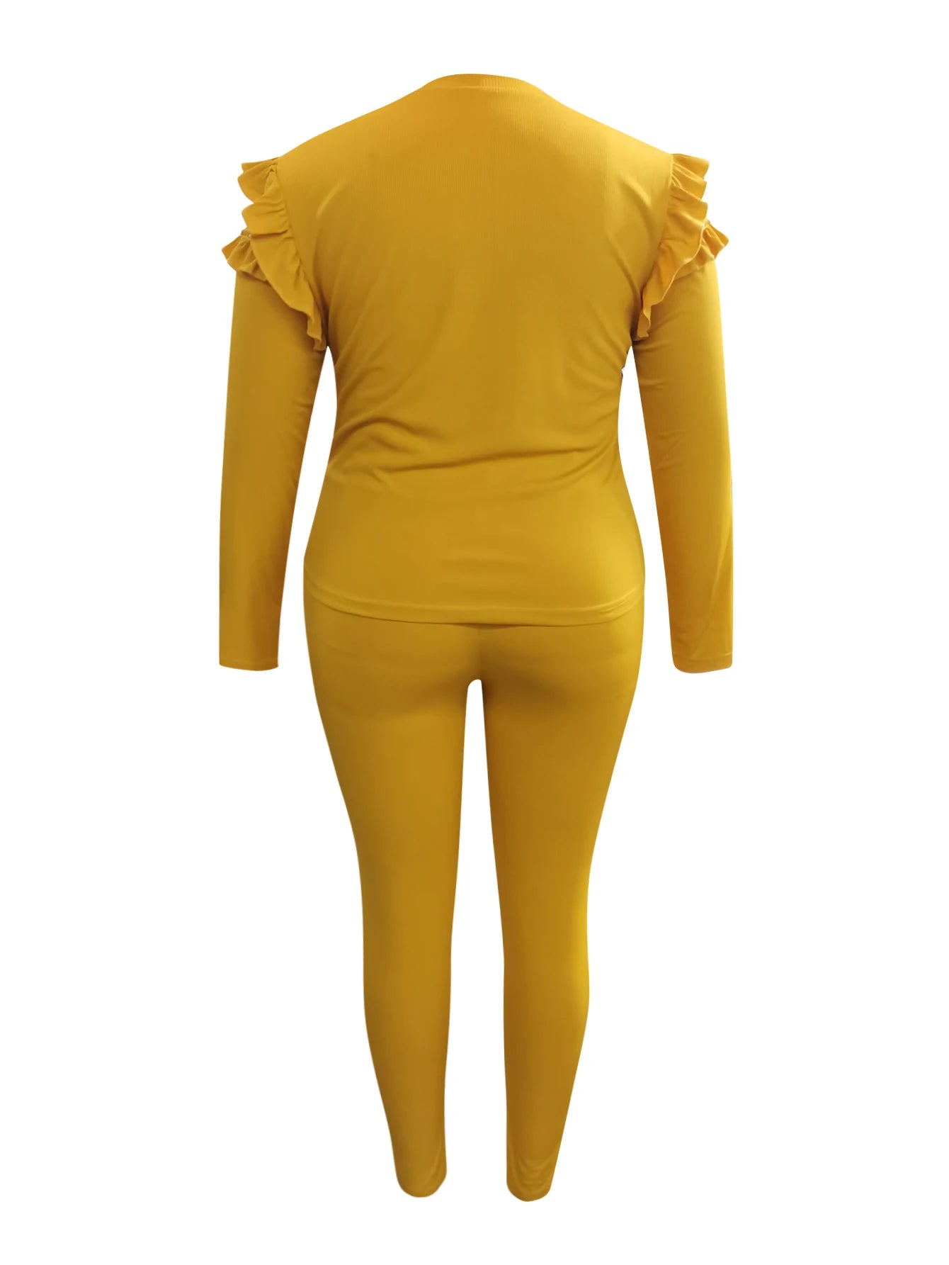 Conjunto de pantalones de dos piezas para mujer, traje a juego básico liso con volantes, color amarillo a rayas, cuello en V, talla grande 4XL, 5XL LW