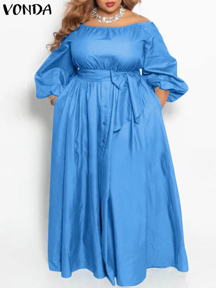 Plus Size VONDA 2024 Women Dress Autumn Long Maxi Sundress Casual Solid Elegant Off Shoulder Bohemian Party Vestido Belted