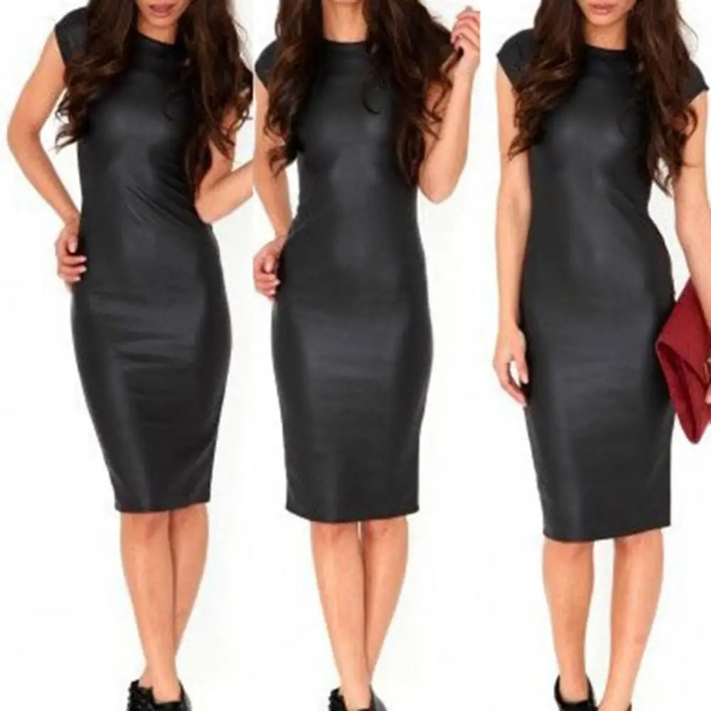 2019 Summer Sexy Women PU Leather Dress Short Sleeve Bodycon Midi Office Dress Black Sexy Club Pencil Party Dresses 4XL