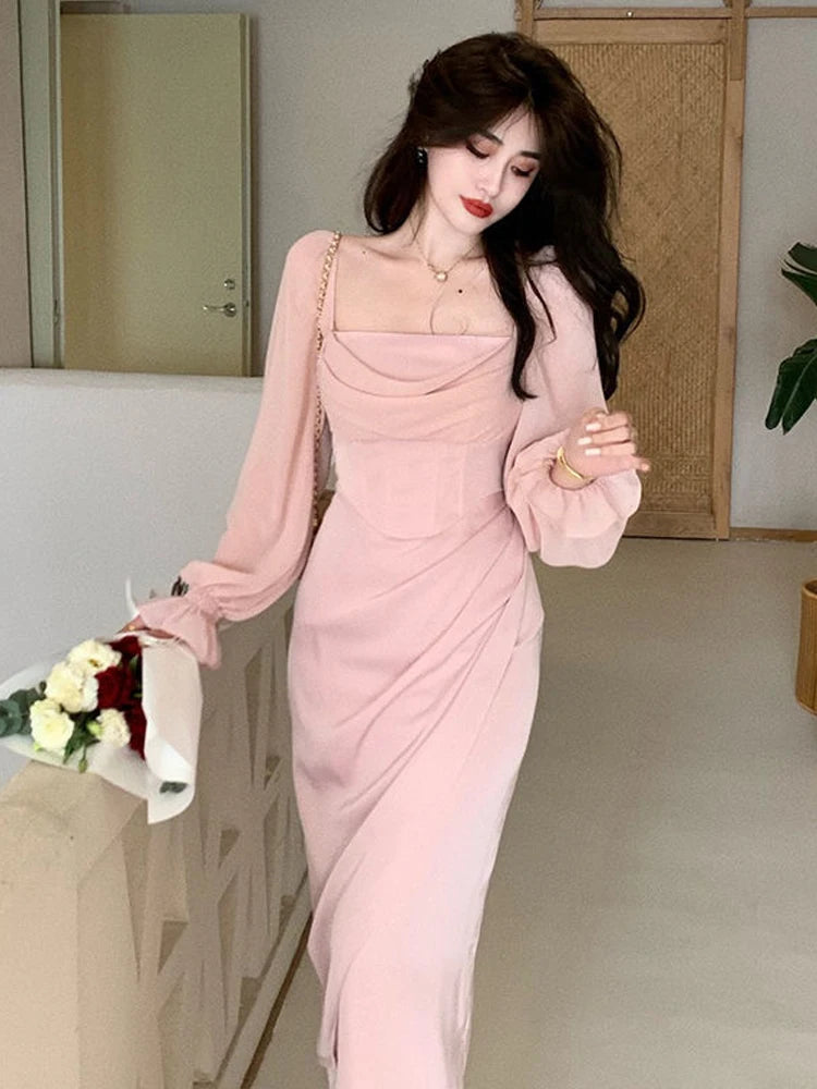 2022 Autumn Solid Elegant Fairy Dresses Women Casual Party Fashion Korean One Piece Dress Female Lace Vintage Chic Midi Dresses