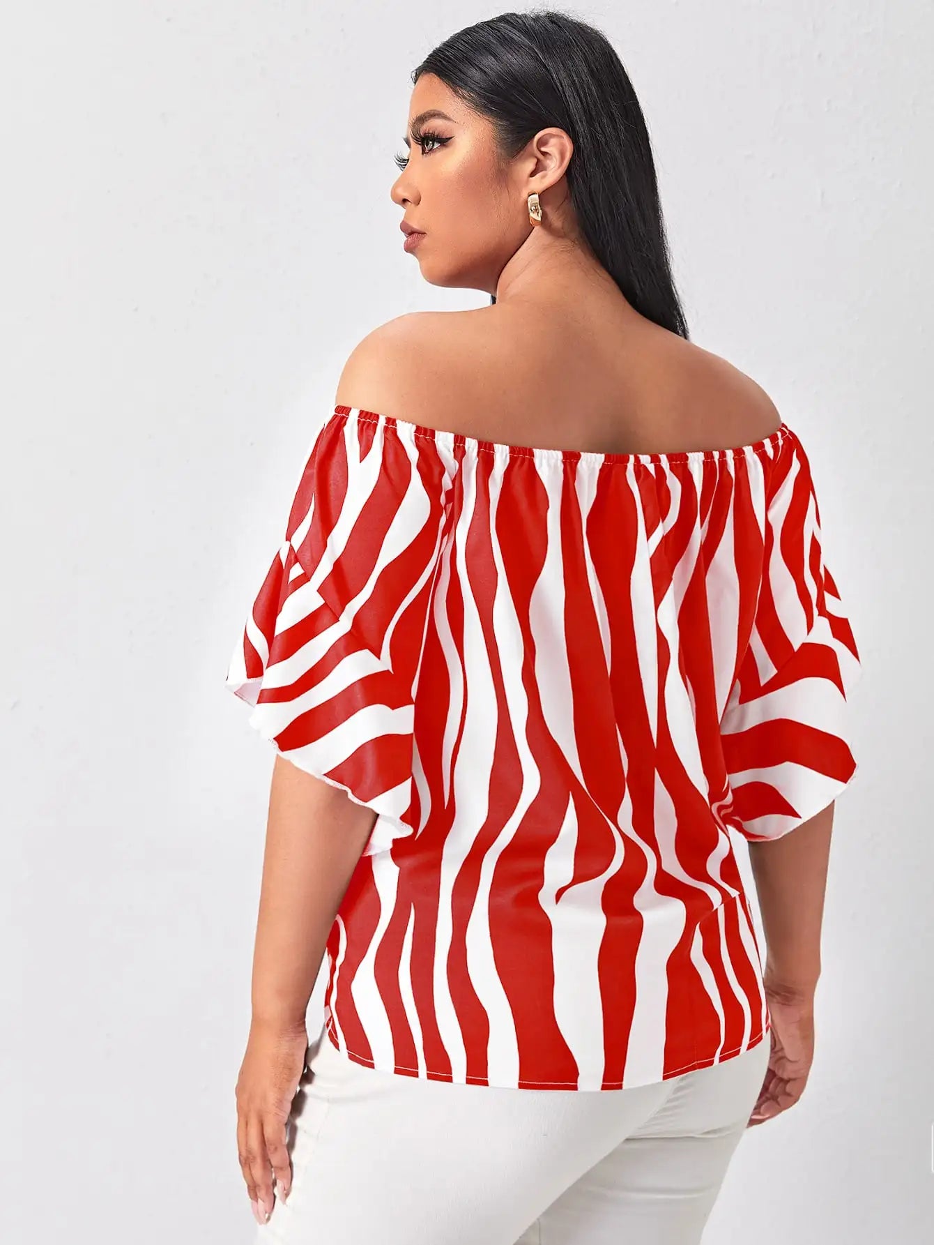 Finjani Red Panel Blouse Barrel Neck Bell Sleeves Striped Tops 2023 Loose Lace up Elegant Plus Size Women's Blouses