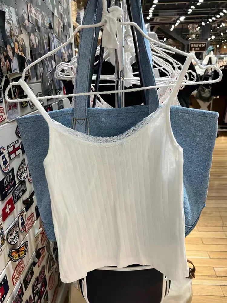 Vintage White Lace Bow Crop Top Women Cotton Sleeveless Summer Hollow Out Tank Tops Female Preppy Style Sweet Slim Camisoles Y2k