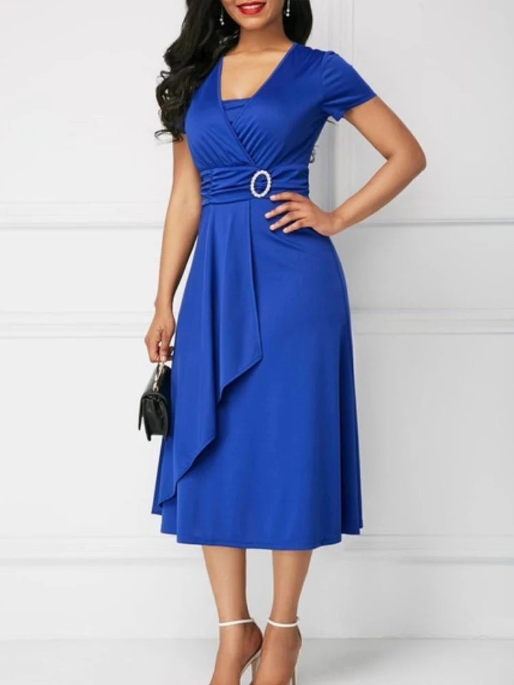 Robe d'été élégante pour femmes, couleur unie, manches courtes, col en V, ourlet asymétrique, taille serrée, robe de soirée mi-longue pour dames