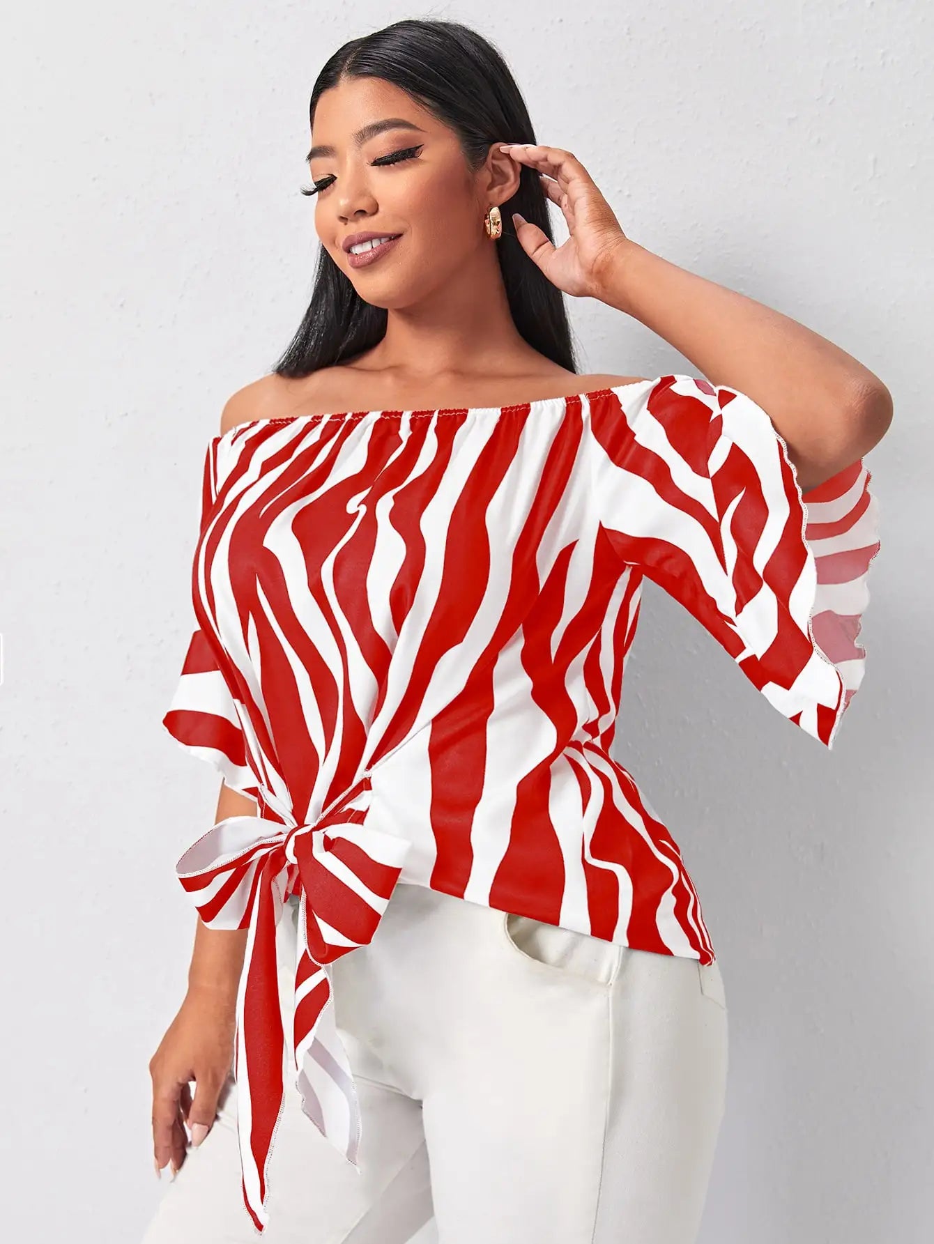 Finjani Red Panel Blouse Barrel Neck Bell Sleeves Striped Tops 2023 Loose Lace up Elegant Plus Size Women's Blouses