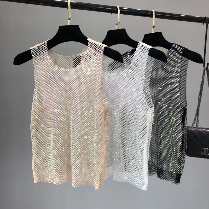 Crystal Beading Shiny Tanks Party Club Sexy Hollow Out Diamonds Stamping Camis Winky Sleeveless Vest