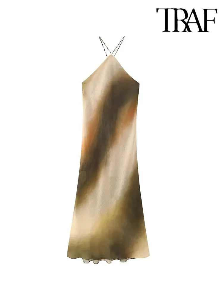 TRAF 2023 verano Mujer Tie Dyed impreso cuello colgante vestido largo por debajo de la rodilla moda sin mangas Vintage casual elegante vestidos delgados