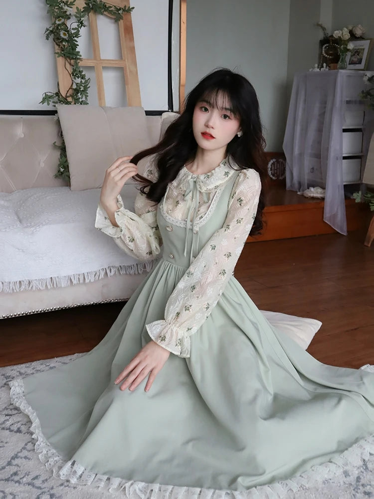 Robe de soirée en dentelle pour femmes, verte, élégante, Vintage, à bretelles, mi-longue, rétro coréen, douce, fée Kawaii, printemps, 2023