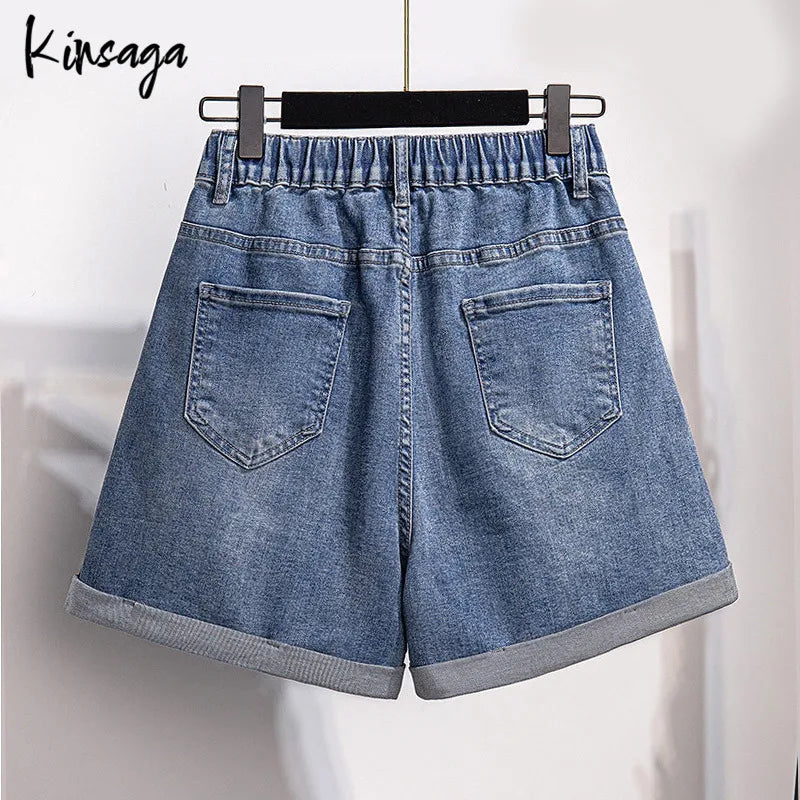 Plus Size Wide Leg Shorts Jeans Women 7xl High Street American Elegant Chic Elastic High Waist Demin Short Oversized Pants Mujer