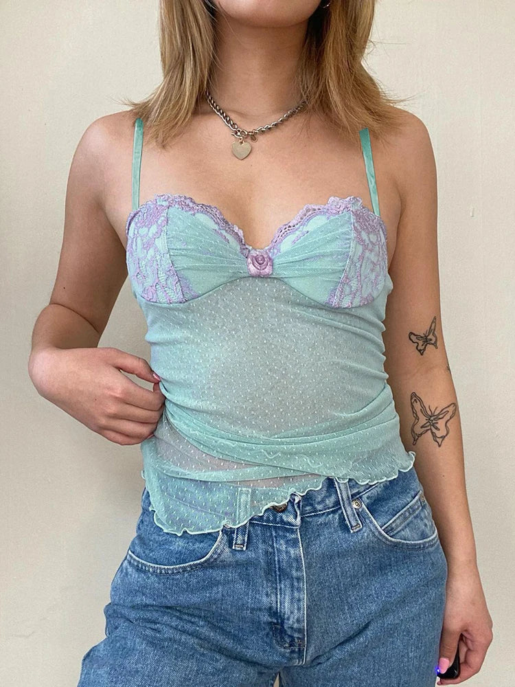 IAMHOTTY – Corset en dentelle imprimé à pois pour femmes, avec des Appliques de fleurs, laitière, Sexy, Transparent, haut court, Camis Y2K, réservoir esthétique Transparent