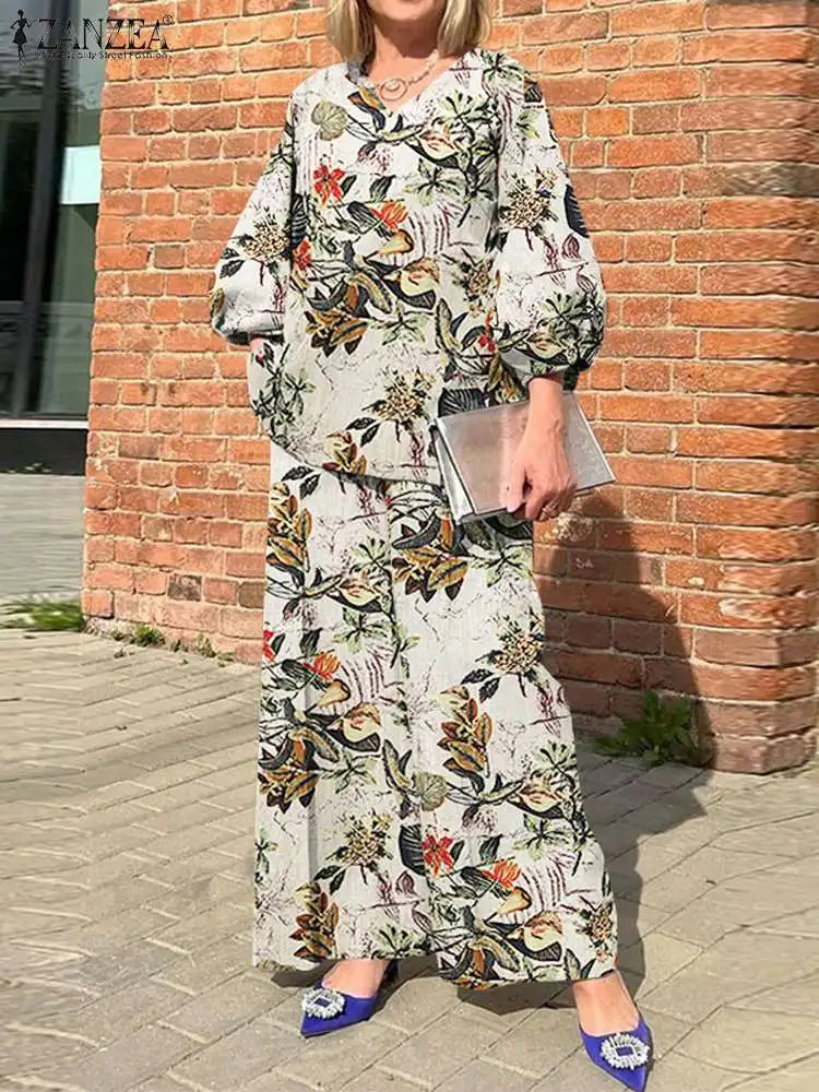 PLUS SIZE ZANZEA Fashion Cotton Matching Sets Women 2PCS Pant Sets Bohemian Printed Tracksuit 2023 Autumn Wide Leg Trouser Suit