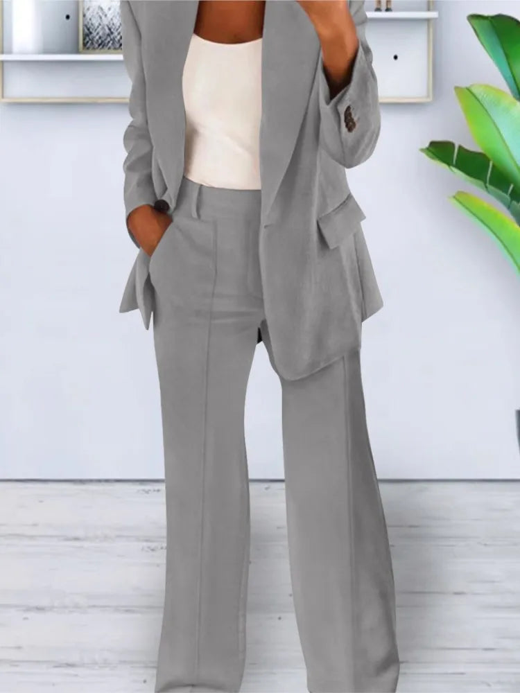 Blazer de couleur unie pour femme, costume à manches longues, Simple et décontracté, avec poches, mode tempérament, pantalon de bureau, ensemble 2 pièces, automne et hiver