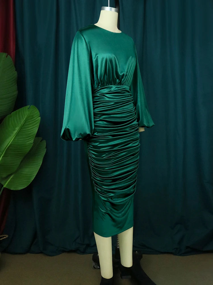 Long Sleeve Green Dresses Bodycon Elastic Satin Midi Dress Elegant plus Size Shiny Evening Christmas Party Church Outfits