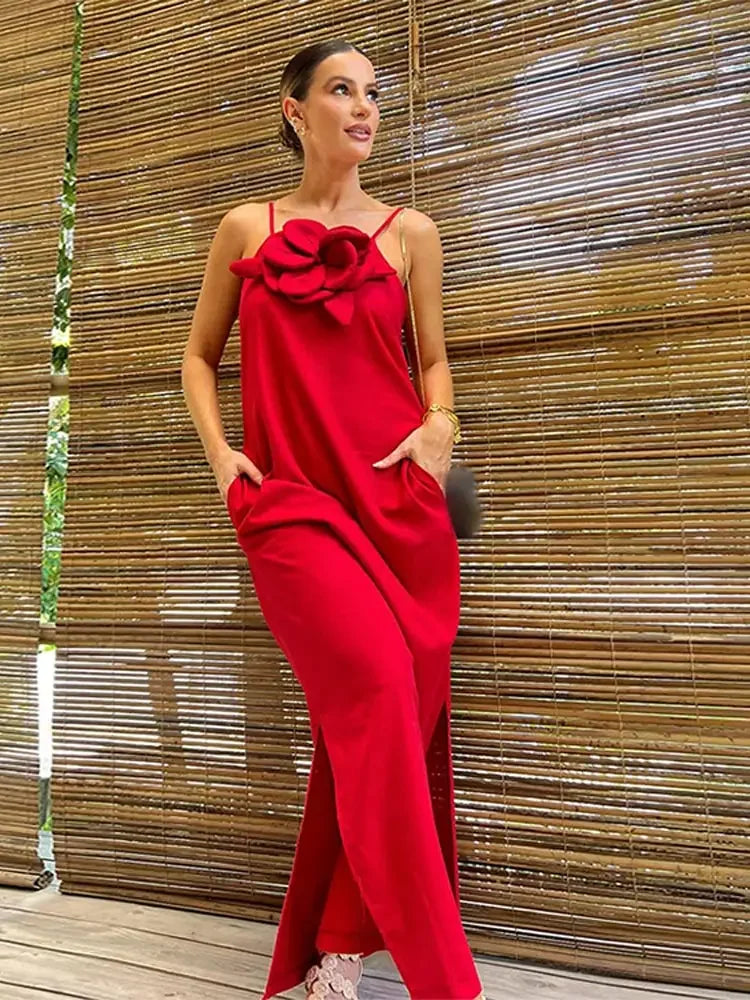 Chic 3D Flower Red Sling Midi Dress For Women Fashion Backless Sleeveless High Split Dresses Elegant Female Party Club Vestidos