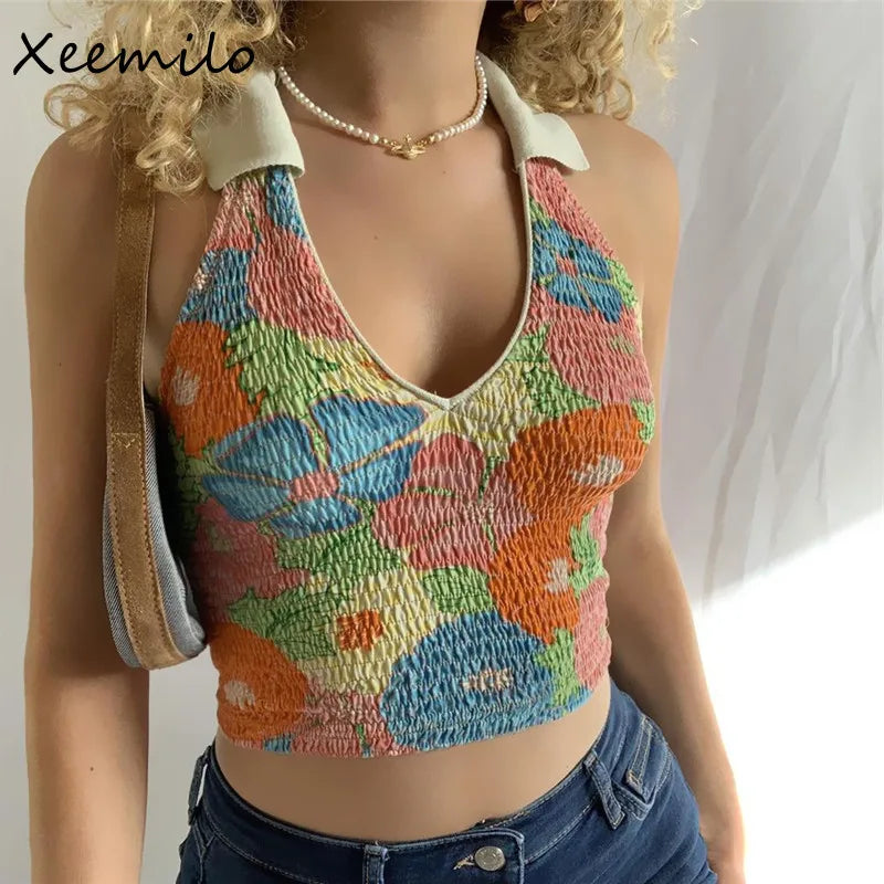 Xeemilo Colorful Flower Print Tank Top Y2K Turn-down Collar Low-cut Crop Tops Sexy Sleeveless Backless Women Camisol Streetwear