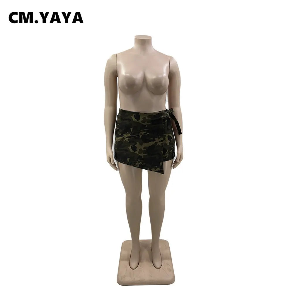 CM.YAYA Plus Size Women Camouflage Draped Waist Shorts Skirts 2023 Fashion Summer Streetwear INS Curve Mini Skirt