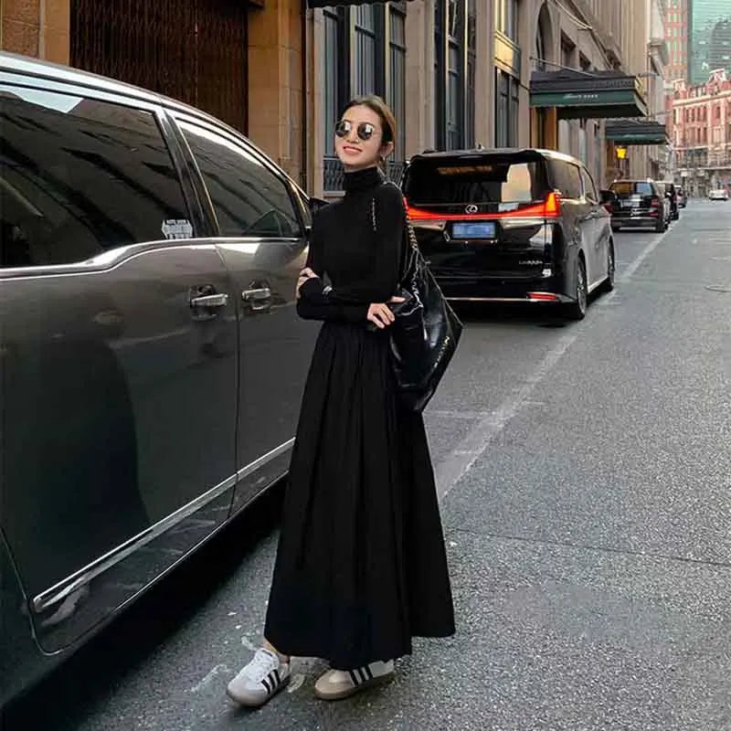 Autumn Hepburn Style Women Dress High Waist Elegant Black Midi Dress Fashion Korean Half High Collar Long Sleeve A Line Dress