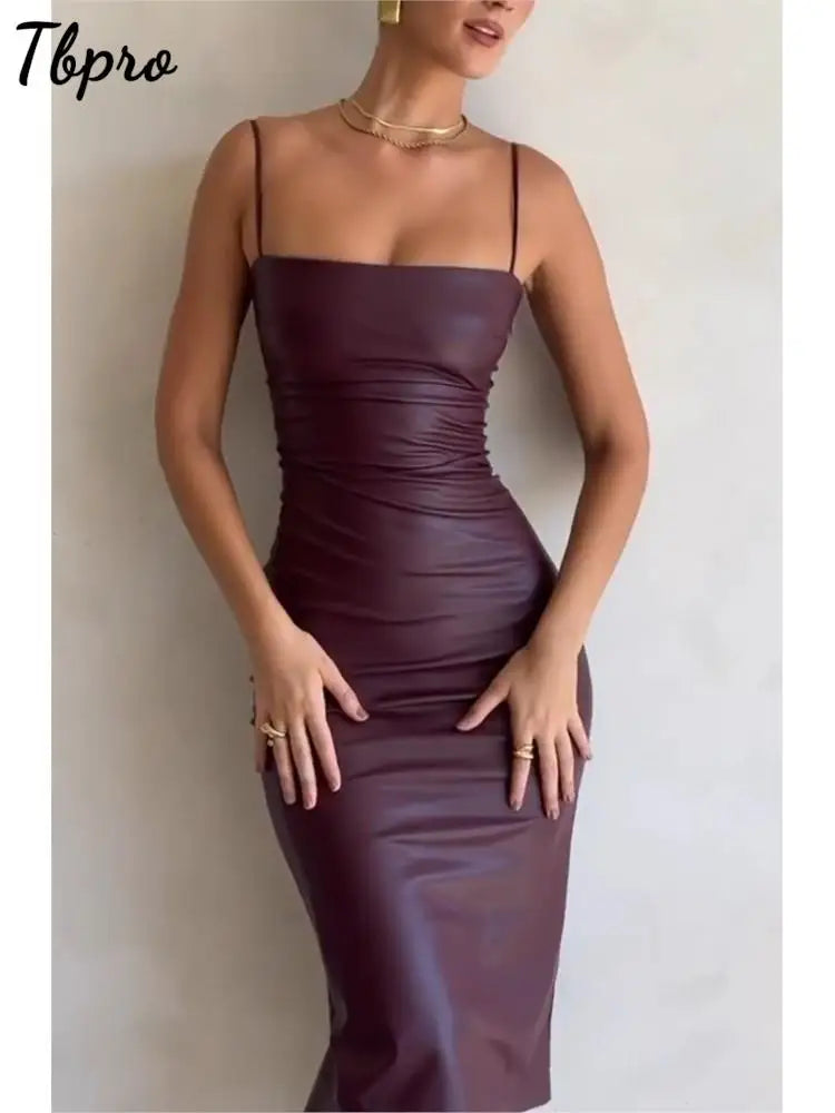 Vestido Midi de cuero sintético con espalda descubierta para mujer, elegante vestido Formal para fiesta de banquete, trajes de trajes de club nocturno de Navidad