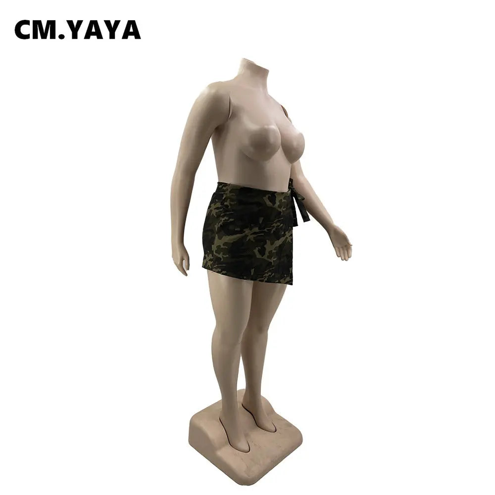 CM.YAYA Plus Size Women Camouflage Draped Waist Shorts Skirts 2023 Fashion Summer Streetwear INS Curve Mini Skirt